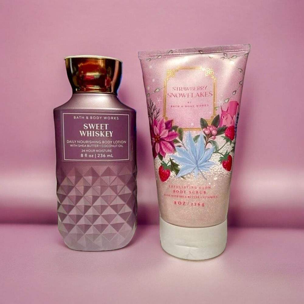 Bath & Body Works SWEET WHISKEY Body Lotion + Strawberry Snowflakes Scrub